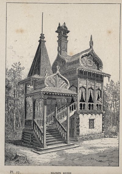 Venäläinen talo - venäläinen talo - kaiverrus vuodelta 1889 Charles GARNIERin kirjoittamassa "Ihmisasumisen historia vuoden 1889 yleisnäyttelyssä - Librairie centrale des beaux-arts Paris 1889" tekijältä Unknown artist