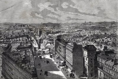 Haussmanin suuret teokset - Pariisin transformaatiot toisen imperiumin alaisuudessa, Paris Haussmannien (Boulevard, Haussmannien teokset) - Le piercing de rue Etienne Marcel - rue Turbigosta Place des Victoires -kaiverrus "Le journal illustrious" -kirjaan  tekijältä Unknown artist