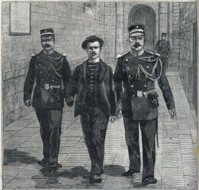 italialainen anarkisti Luigi Luccheni (Lucheni) Itävallan impress Elizabethin (Sissi) salamurhaaja tuotiin yhteisöjen tuomioistuimeen vuonna 1898. tekijältä Unknown artist