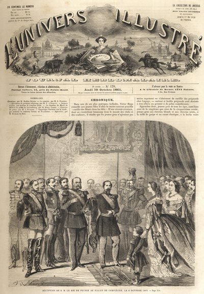 Preussin kuninkaan Williamin vierailu Ranskan keisarin Napoleon III:n luo Compiegnessa, Ranskassa 1861 - Preussin Vilhelm I:n (1797-1888) vierailu Compiegnessa en Napoleon III:n läsnäolo - Kaiverrus "" Maineikas universumi” tekijältä Unknown artist