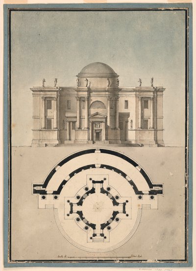 Suunnittelu klassiselle temppelille, jossa on tempietto ja puolipyöreä aedicule tekijältä Unknown, Italian