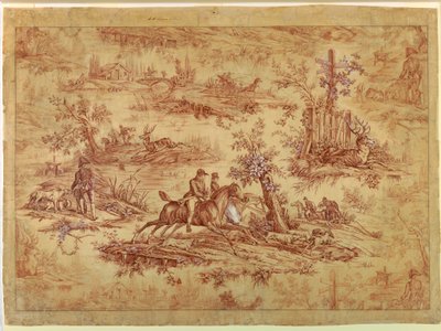 Piirros, sarjakuva puuvillapainettua tekstiiliä varten, La Route de Jouy, vuoden 1815 jälkeen. tekijältä Unknown artistUnknown artist