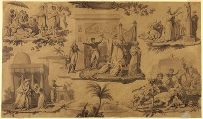 Piirros, pilapiirros painettua puuvillatekstiiliä varten: Ranskalaiset Egyptissä [Les Francais en Egypte], n. 1815. tekijältä Unknown artistUnknown artist