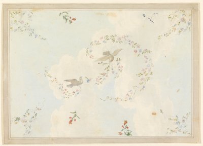 Piirustus, kattokuvio, jossa on kyyhkysiä ja kukkaseppeleitä, mahdollisesti sisääntuloaulaa varten, 1815-22. tekijältä Unknown artistUnknown artist