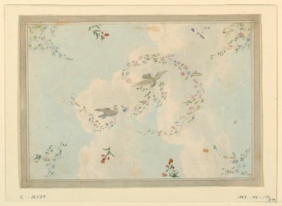 Piirustus, kattokuvio, jossa on kyyhkysiä ja kukkaseppeleitä, mahdollisesti sisääntuloaulaa varten, 1815-22. tekijältä Unknown artistUnknown artist