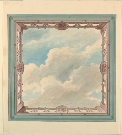 Piirustus, kattosuunnitelma, jossa on hapsutettu parveke ja avoin taivas, mahdollisesti konservatorio/musiikkihuone tai ruokasali, n. 1820. tekijältä Unknown artistUnknown artist