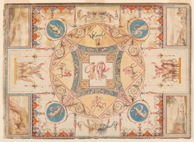 Piirros, Hadrianuksen huvilan katto, jossa on nymfejä, kentaureja, hirviä ja norsuja, n. 1785. tekijältä Unknown artistUnknown artist
