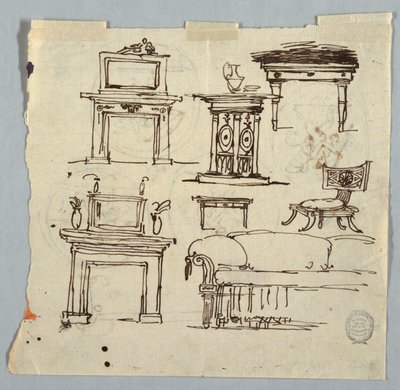 Piirustus, savupiipun palat, huonekalut ja kattomitali, 1790-1810 tekijältä Unknown artistUnknown artist