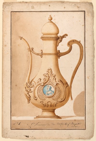 Piirustus, Kahvipannu, jossa emaloitu medaljonki, 1700-1725 tekijältä Unknown artistUnknown artist