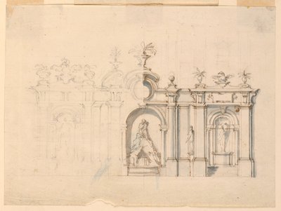 Piirustus, Colonnadi suihkulähteineen, n. 1770. tekijältä Unknown artistUnknown artist