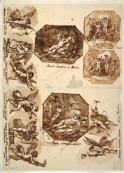 Piirustus, Amor ja Psyche: Cupido, 1810-15: Neljä oktagonia ja kahdeksan piirrosta, 1810-15. tekijältä Unknown artistUnknown artist
