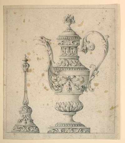Piirustus, Koristeltu kannu ja käsikello, 1860-80 tekijältä Unknown artistUnknown artist
