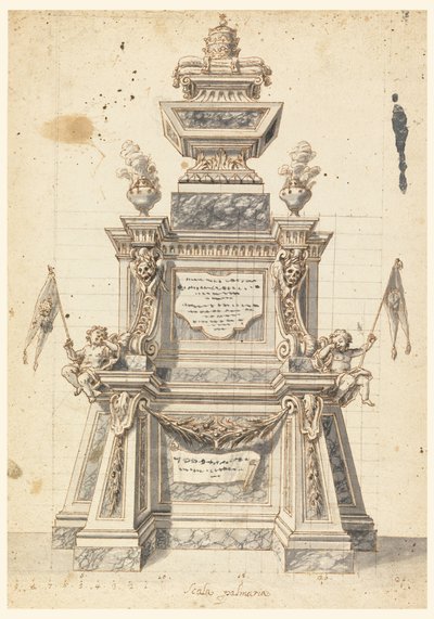 Piirustus, Katafalkin luonnos paavin, luultavasti Klemens XI:n, muistotilaisuuteen, 1721. tekijältä Unknown artistUnknown artist
