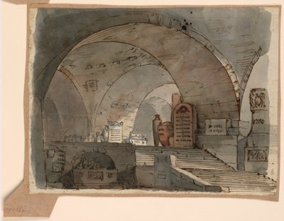 Piirustus, näyttämösuunnitelma, maanalainen holvattu tila, jossa on hautoja, 1800-luvun alku tekijältä Unknown artistUnknown artist