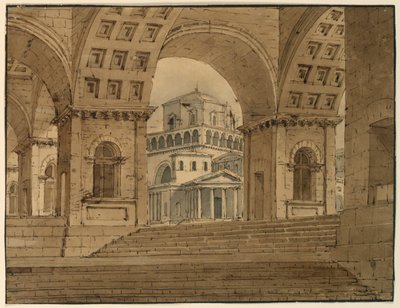 Piirustus, näyttämö, näkymä kaupunkiin palatsista, 1800-luvun alku tekijältä Unknown artistUnknown artist
