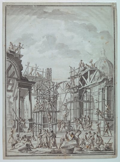 Piirros, Työmiehet rakentamassa arkadia, n. 1740. tekijältä Unknown artistUnknown artist