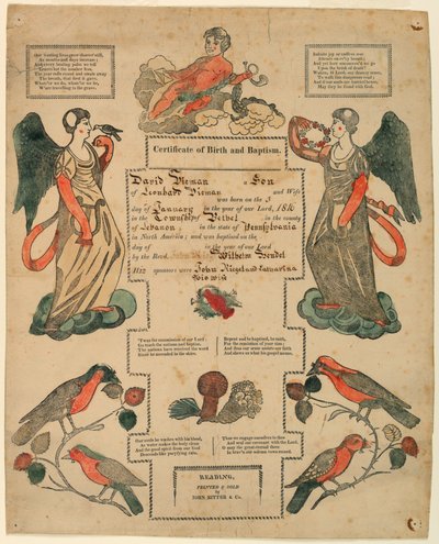 Fraktur, kastetodistus [syntymätodistus], 1816 tekijältä Unknown artistUnknown artist
