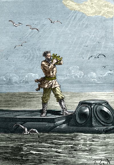 20 000 liigaa meren alla. Kapteeni Nemo sukellusveneellä "Nautilus". Kuvitus Jules Vernen romaanista "Kaksikymmentä tuhatta liigaa meren alla" (20 000 - 20 000 - 20 000) tekijältä Unknown artist