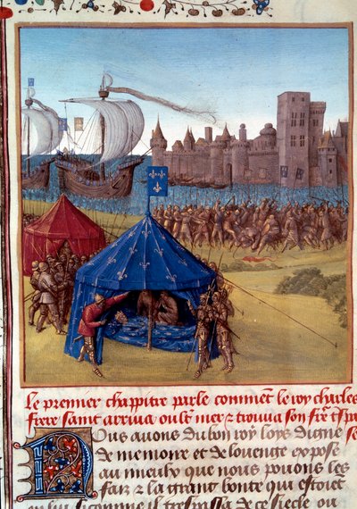 8. ristiretki: Saint Louis (Louis IX) (1214/1215-1270) kuoli ruttoon Tunisissa. Miniatyyri otettu "" Le livre des faits de Monseigneur Saint Louis -kirjasta"" 1400-luvun Pariisi, B.N. tekijältä Unknown artist