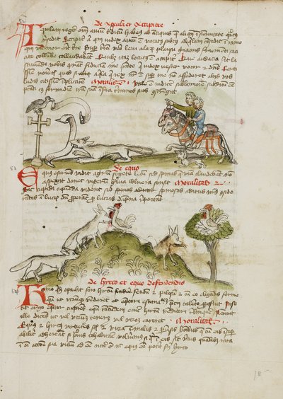 Kettu uhkaa tienvarren ristillä istuvaa lintua ja kaksi ratsumiestä osoittaa paikalle; kettu juoksee ja nappaa kanan; kana puuhun ketun yläpuolelle. tekijältä Unknown artist