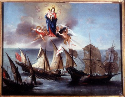 Genovan vene, jonka kimppuun hyökkäsi galiot ja barbaaripuolisko. Ex-voto 1796. Genova-Peglin merimuseo. tekijältä Unknown artist