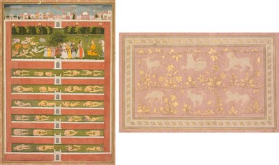 Prinsessa ja demonit aatelismiehen edessä: Shah Alam I:een liittyvän runollisen romanssin lehti (recto); Leijonan ja gasellin leijonakohtaukset (käänteinen) tekijältä Unknown artist