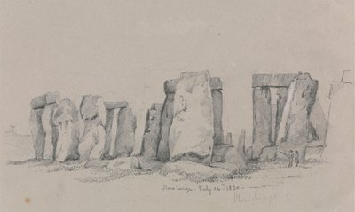 Näkymä Stonehengestä kahdella hahmolla etualalla tekijältä Unknown artist