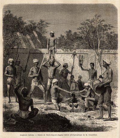 Joukko intialaisia jonglöörejä. Kaiverrus havainnollistamaan matkaa Intian pituuspiirin provinsseissa, Alfred Grandidier, 1862-1864, julkaistu "" le tour du monde" -julkaisussa, D
