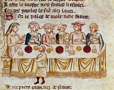 Juhlakohtaus: kuningas ja hänen vieraan pienoiskuva elokuvasta "Entree of Spain". 1300-luvun Venetsia, Biblioteca Marciana. tekijältä Unknown artist