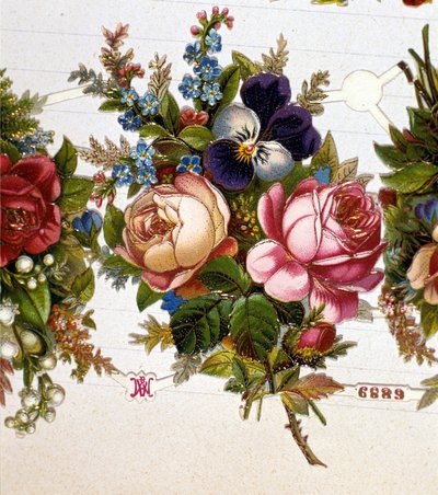Kimppu sekoitettuna ruusuja, orvokkeja. 1800-luvun kromolitografia. tekijältä Unknown artist
