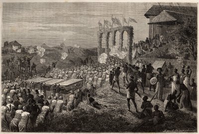 Morsiuskortegio Tetessä (Mosambik). Kaiverrus havainnollistamaan tohtori Livingstonen ensimmäisiä matkoja Etelä-Afrikkaan vuosina 1840–1856 Edouard Chartonin johdolla julkaistussa "Le tour du monde, nouveau journal des voyages" -julkaisussa tekijältä Unknown artist