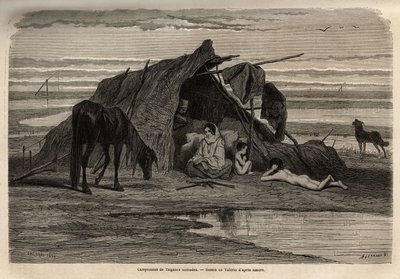 Nomadisten mustalaisten leiri Pohjois-Bosnian tasangoilla. Georges Perrotin kaiverrus havainnollistamaan muistoja eteläslaavien matkustamisesta, vuonna 1868, julkaistu "" Le tour du monde"" 1870-1871, toimittanut Edouard Charton, painos Hachette, Pari tekijältä Unknown artist