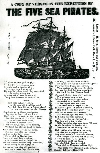 Kopio säkeistä viiden merirosvon teloituksesta, n. 1864 tekijältä Unknown artist