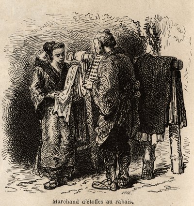 Alennusliinakauppias tekee artikkelin nuorelle naiselle, joka kantaa taaperoaan selässään. Kaiverrus havainnollistamaan matkaa Japaniin, Aime Humbert, Sveitsin valaliiton ministeri, 1863-1864, julkaistu "" le tour du monde" -lehdessä, ohj. tekijältä Unknown artist