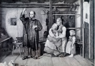 Lääkäri tutkii pullon, luultavasti virtsapullon, käydessään äidin ja hänen kahden lapsensa luona köyhyydessä (kaiverrus) tekijältä Unknown artist