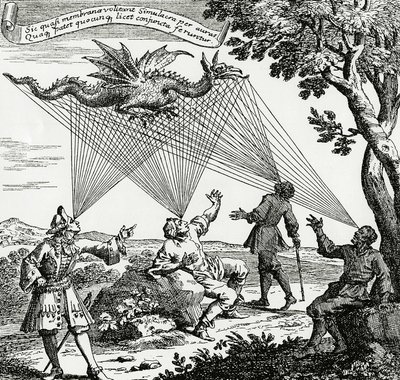 Lohikäärme nähtynä eri näkökulmista, joka perustuu Zahnin "Oculus mesterségesis teledioptricus" -teoksesta tehtyyn kuparikaiverrukseen. tekijältä Unknown artist