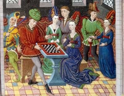 Shakkipeli kahden hovimiehen välillä linnan huoneessa. Miniatyyri otettu "" Aleksanteri Suuren historiasta"" (tai Aleksanteri III Makedonialainen (356-323 eKr.)) tekijältä Unknown artist