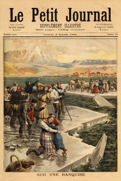 Helsingforsissa (eteläinen Suomenlahti) irtoaa mantereelta valtava jääpala, joka kuljettaa yli 500 ihmistä ja 20 hevosta avomerelle. Kaiverrus "" Le petit Journal" -julkaisussa 5/03/1894. Selvan kokoelma. tekijältä Unknown artist