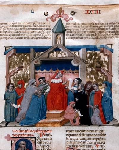 Lakimies, joka soveltaa miniatyyrilakia, joka on otettu Justinianuksen koodekista (Codex Justinianus), kokoelma lakeja ja instituutioita, jotka julkaistiin Bysantin keisarin Justinianus I:n (483-565) alaisuudessa. tekijältä Unknown artist