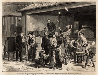 Eloisa kohtaus Edon (Tokio) kadulta, jossa matkustava jonglööri kaladelin edessä ja halpa kangasmyyjä. Kaiverrus havainnollistamaan matkaa Japaniin, Sveitsin valaliiton ministeri Aime Humbert 1863-1864, julkaistu lehdessä "" le to tekijältä Unknown artist
