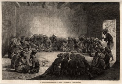 Ateria turkomaanien luona (Irak). Emile Bayardin (1837-1891) piirustus havainnollistamaan matkaa Keski-Aasiaan vuonna 1863, Arminius Vamberyn (unkarilainen tiedemies naamioitunut dervishiin). Kaiverrus kirjassa "" Le tour du monde", toimittanut Edouard Cha tekijältä Unknown artist