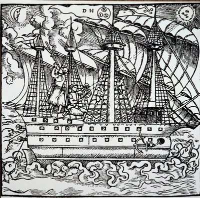 Navigaattori portugalilaisella karavellilla käyttäen astrolabia. Kaiverrus saksalaisen merenkulkijan Hans Stadenin (1525-1579) matkatarinoista tekijältä Unknown artist