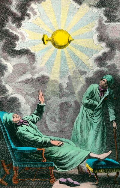 Halvautunut ojentaa kätensä sähkövalonlähteeseen, joka voi palauttaa hänen voimansa. Frontispice ammentaa Abbe Sansin Monsignorille Noaillesin herttualle omistetun teoksen "The war of paralysis by electricite". Kaiverrus J. B. Chevalie tekijältä Unknown artist
