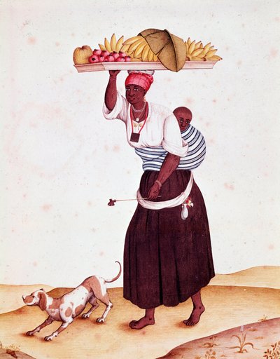 Bresilianissa matkustava hedelmäkauppias kantaa lastaan selkänsä takana. Akvarelli 1700-luvulta. Rio de Janeiro, Kansalliskirjasto tekijältä Unknown artist