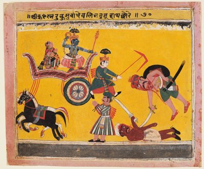 Rukminin sieppaus: Krishna sidoi Rukman kädet Bhagavata Puranalta tekijältä Unknown artist