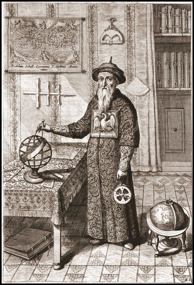Adam Schall, tähtitieteilijä (1592-1666) mandariinipuvussa, maapallon ja taivaan maapallon ja astrolabeen kanssa - Athanase Kircherin (tai Athanasius Kircherin) "Kiinassa" tekijältä Unknown artist