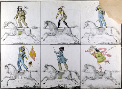 Taitolento: Akrobaattiset harjoitukset hevosen selässä. Kaiverrus tekijältä Unknown artist
