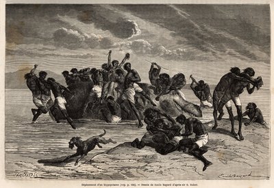 Otettuaan osuutensa ja Hamran-heimon johtajalle kuuluvan osuuden, joukko taistelee julmasti jäljellä olevista kappaleista. Sir Samuel W. Bakerin kaiverrus kuvaamaan Niilin Abessinian sivujokien tutkimusta tekijältä Unknown artist
