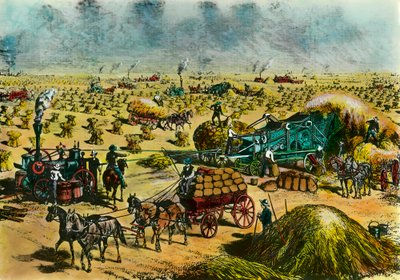 Maatalouden vallankumous: vehnän sadonkorjuu Dakotassa höyrykoneilla 1800-luvulla. Kaiverrus 1800-luvulta. Pariisi, koristetaide tekijältä Unknown artist