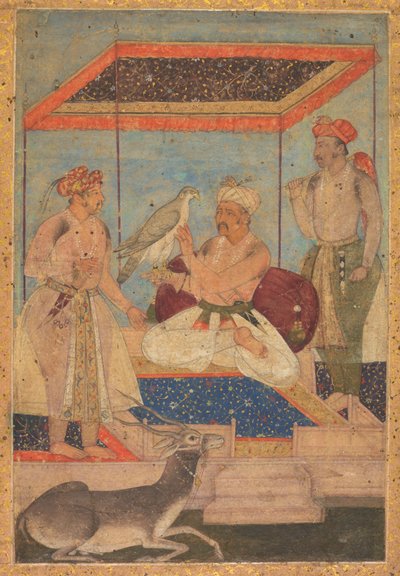 Akbar ja Jahangir tutkivat Ghir Falconia prinssi Khusraun seisoessa takana tekijältä Unknown artist